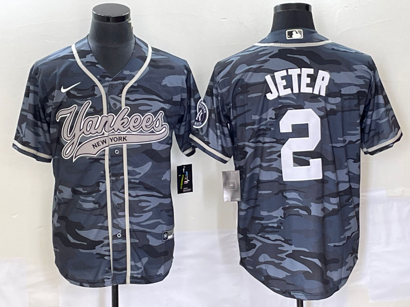 Men's New York Yankees Derek Jeter #2 Grey Camouflage Jersey Joint Edition